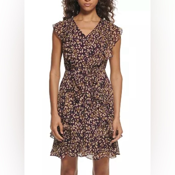 Tommy Hilfiger Women's Flutter-Sleeve Animal-Print V Neck Leopard Dress - Picture 2 of 6